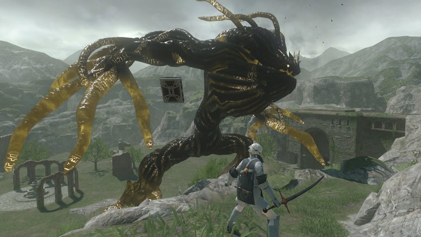 Screenshot of Nier facing down a massive shade monster in Nier Replicant.