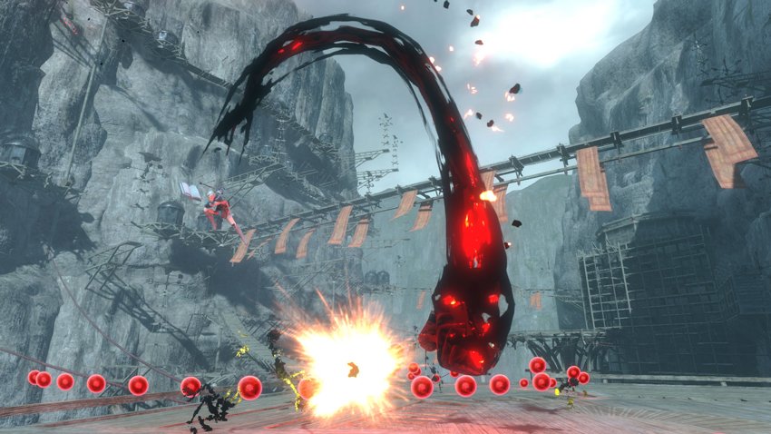 Screenshot of Nier in mid-air, unleashing Dark Hand magical ability on his enemies in Nier Replicant.