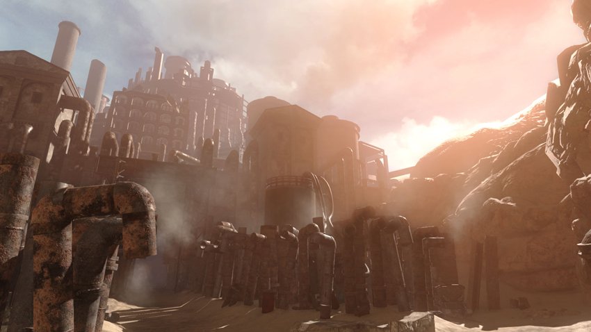 Screenshot of Junk Heap in Nier Replicant, whose beauty manages to come through despite the overall neglect and disuse.