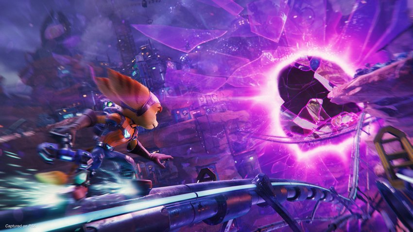 Ratchet Grind Railing into a dimensional rift in Ratchet & Clank: Rift Apart