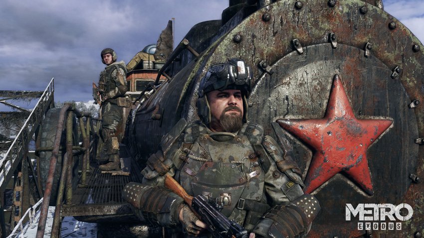 Frontal shot of the locomotive, Aurora, with two supporting cast members from Metro Exodus.