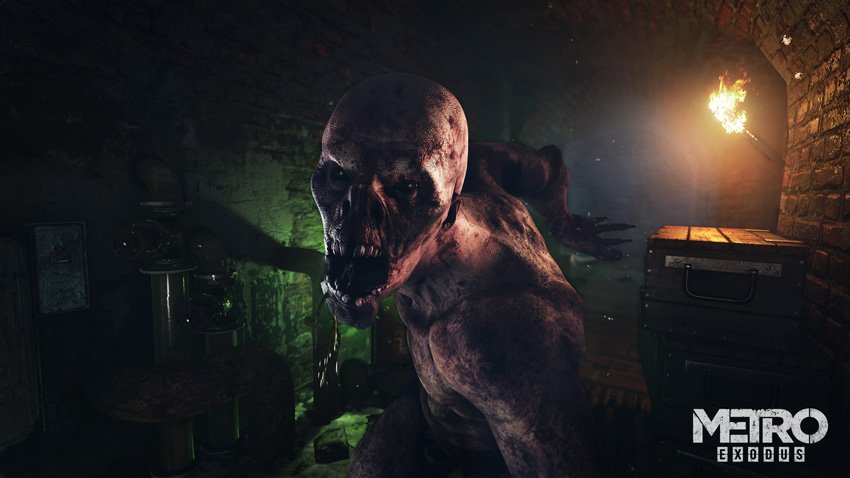 Close up shot of an advancing mutant ghoul in a dark tunnel in Metro Exodus.