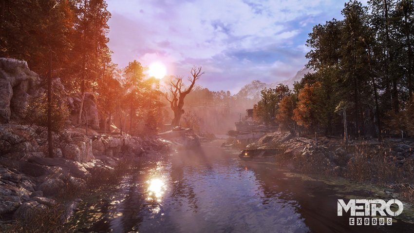 Landscape view of a forested lake in Metro Exodus, showcasing fully ray-traced lighting, shadows and reflections.